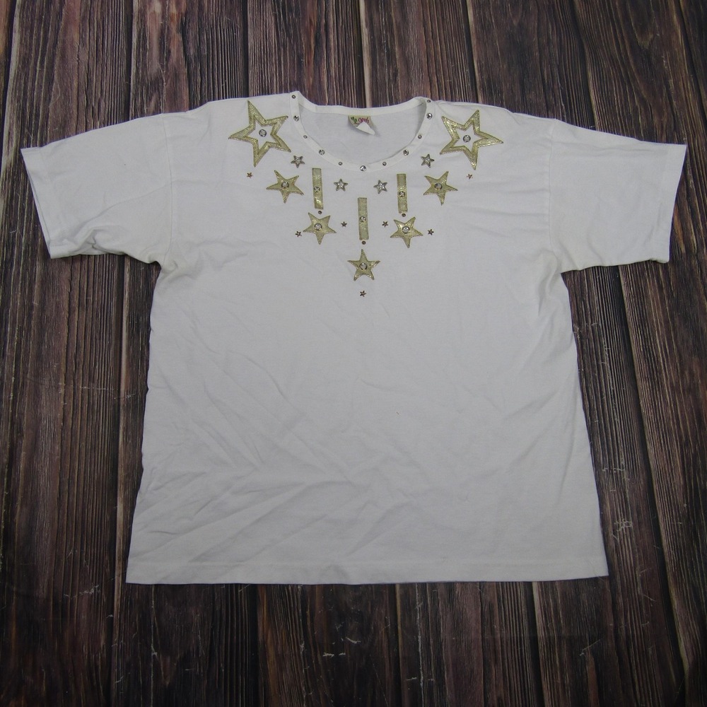 Vintage Cactus California Shirt Womens Large White Rhinestone Stars Made USA